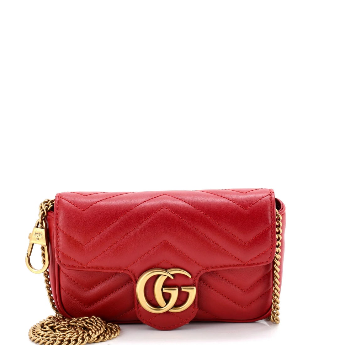 Super Mini Matelasse Leather Bag Flap Gucci GG Marmont: Super Mini Matelasse Leather Bag Flap Gucci GG Marmont Super Mini Matelasse Leather Bag Flap Gucci GG Marmont in Red. This super mini cross body bag features iconic Gucci GG Marmont design, adorned wi