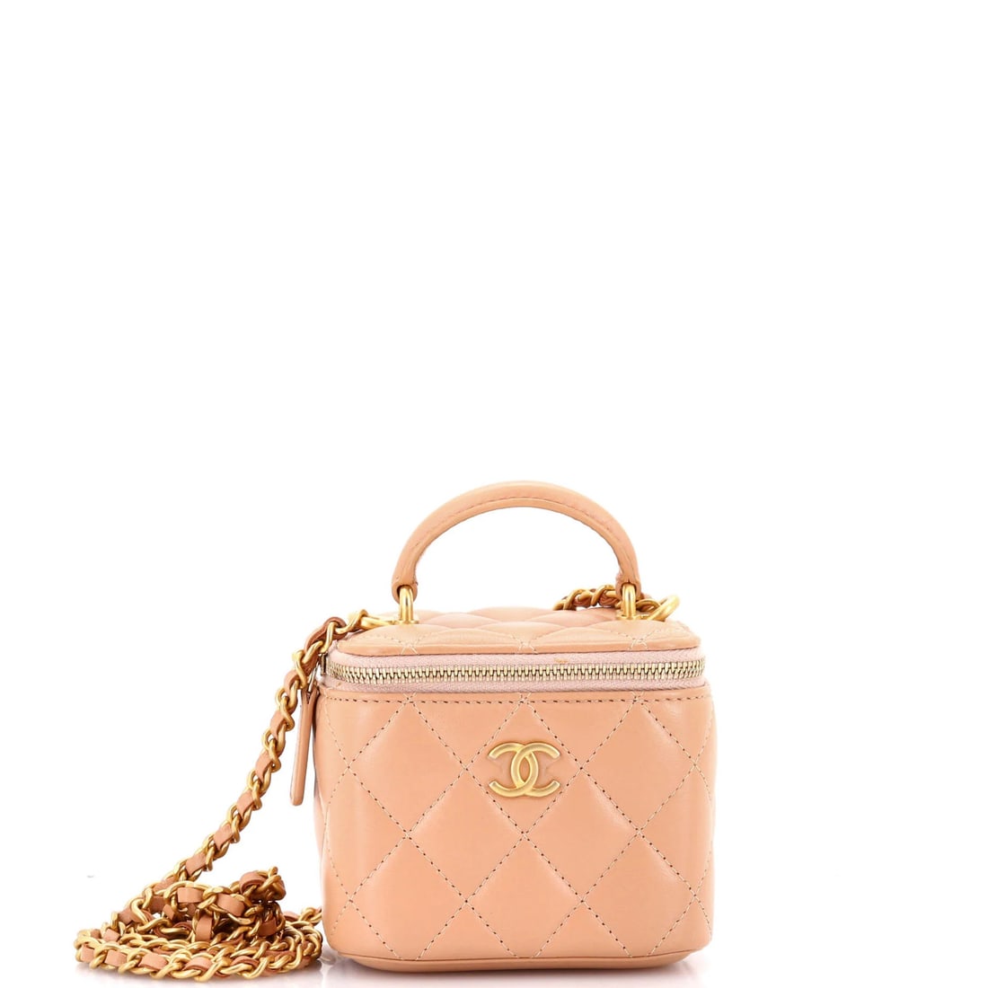 Classic top handle vanity case with chain quilted lambskin mini by Chanel: Classic top handle vanity case with chain quilted lambskin mini by Chanel Classic top handle vanity case with chain quilted lambskin mini by Chanel features neutral exterior leather and interior fabri
