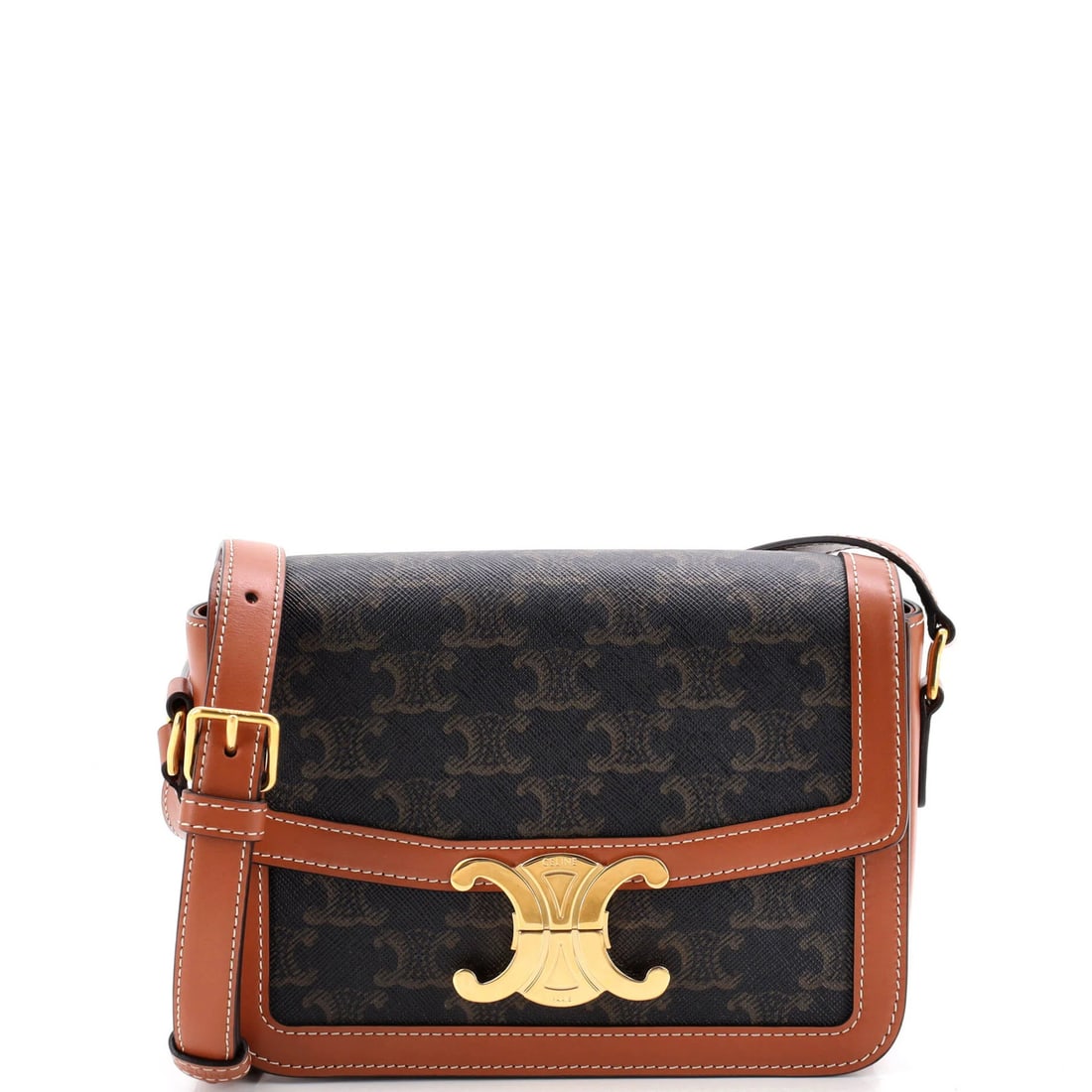 Celine Triomphe Shoulder Bag Triomphe Coated Canvas Teen: Celine Triomphe Shoulder Bag Triomphe Coated Canvas Teen The Celine Triomphe Shoulder Bag boasts a timeless design with its triomphe coated canvas exterior, featuring a rich brown color that adds warm