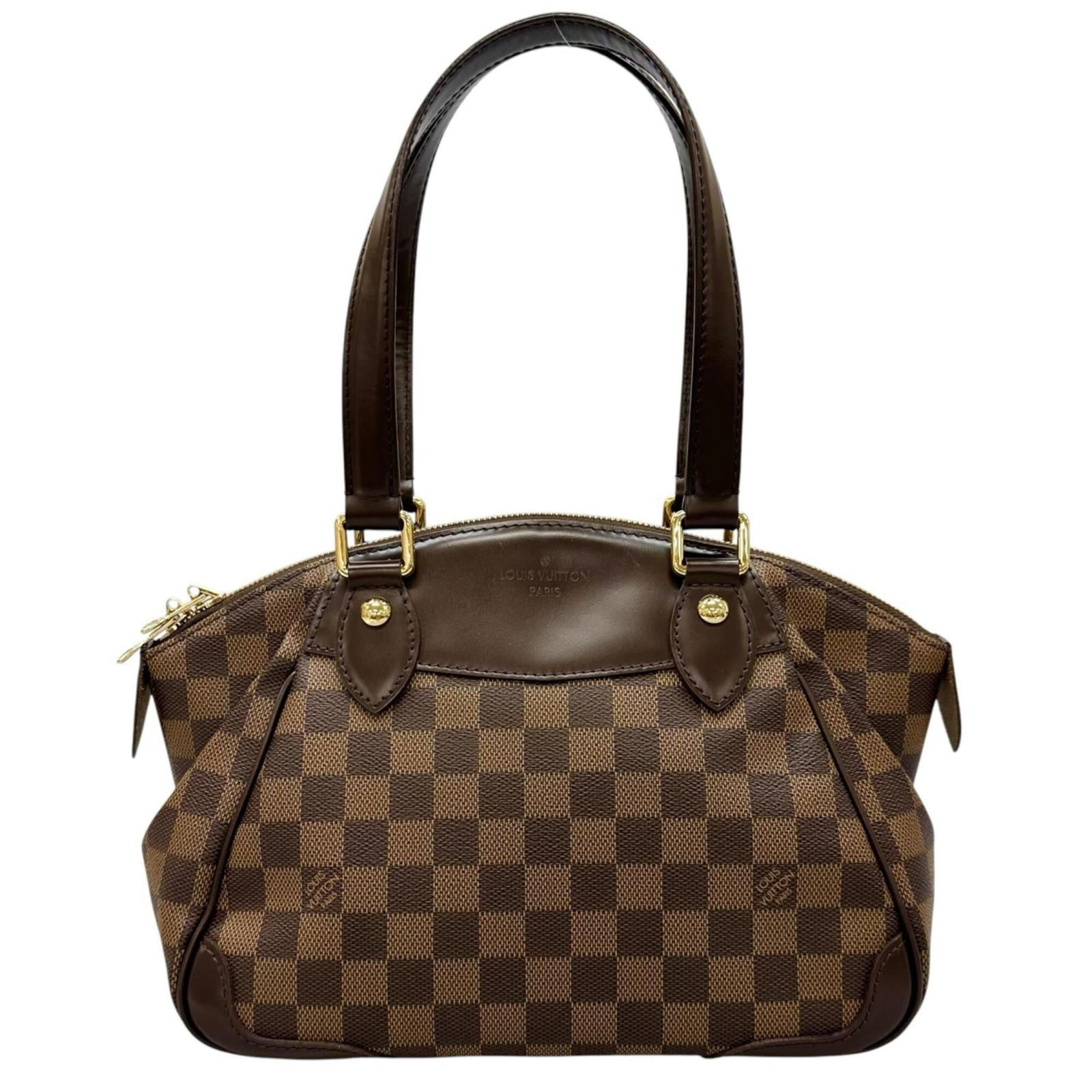 Handbag Canvas Damier Louis Vuitton: Handbag Canvas Damier Louis Vuitton Damier canvas pattern adds visual interest to this classic Louis Vuitton handbag, crafted from high-quality brown Damier fabric. Measuring 21cm x 27cm x 14.5cm, the