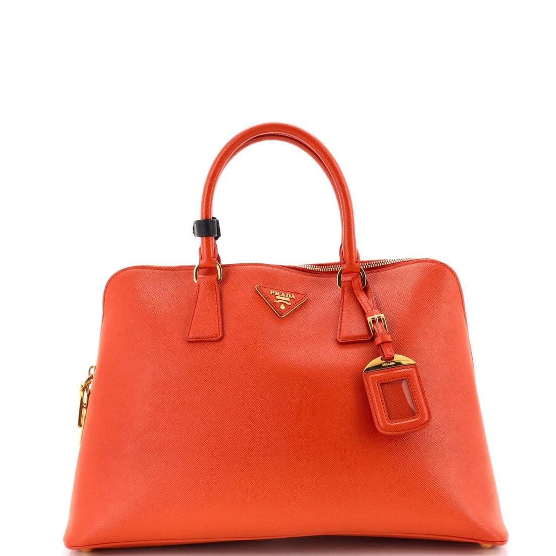 Saffiano Leather Large Prada Bag: Saffiano Leather Large Prada Bag Saffiano Leather Large Prada Bag - A vibrant orange bowler bag with heavy corner wear, scuffs, and minor creases. The exterior features gold hardware and a sturdy desi