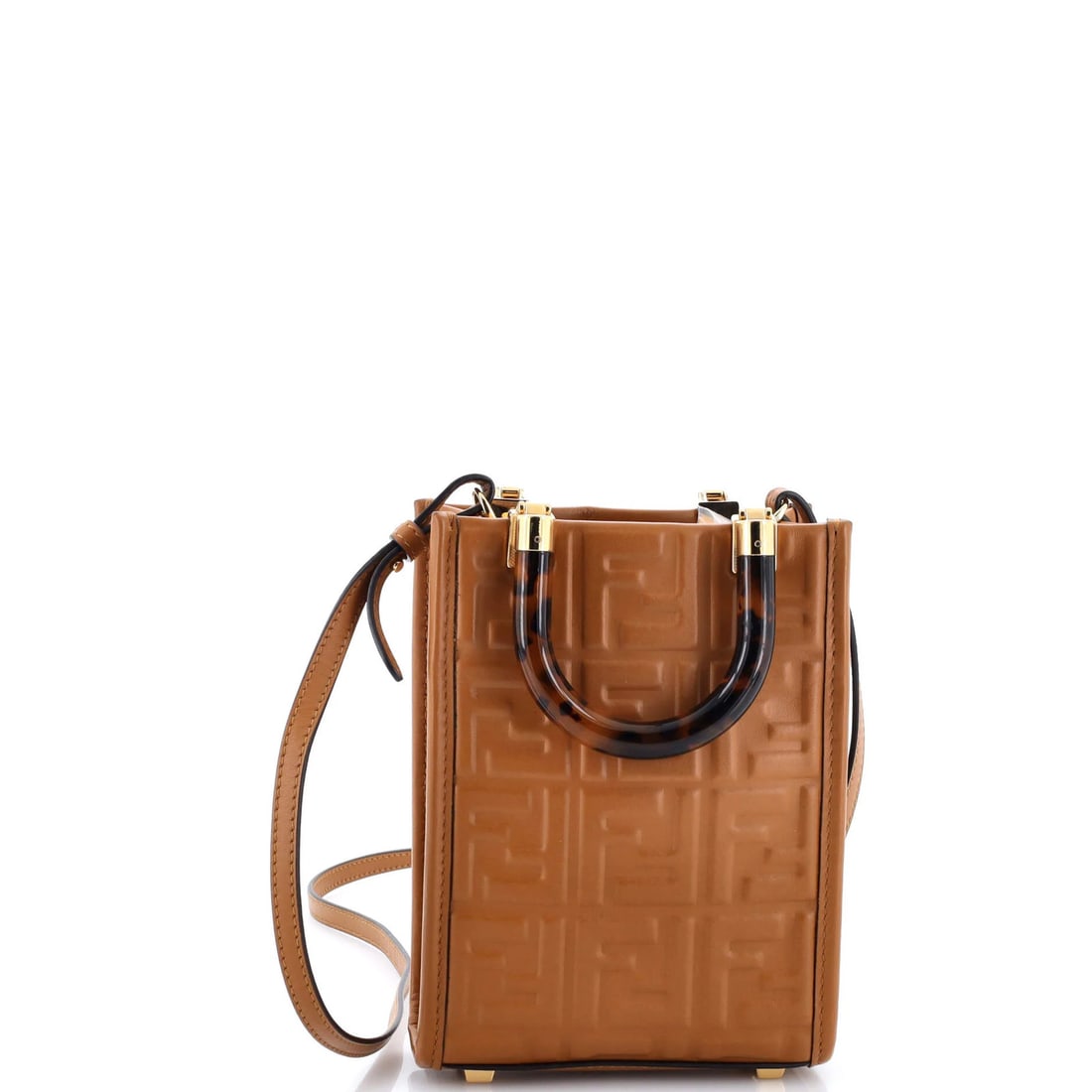 Fendi Shopper Zucca Embossed Leather Tote Mini Sunshine: Fendi Shopper Zucca Embossed Leather Tote Mini Sunshine The Fendi Shopper Zucca Embossed Leather Mini Sunshine tote boasts a rich, brown exterior with distinctive Zucca embossing. With its compact siz