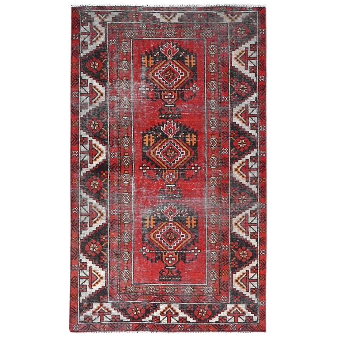 3'9"x6'4" Red Hand Knotted Vintage Farsian Balooch Worn Wool Rug: 3'9"x6'4" Red Hand Knotted Vintage Farsian Balooch Worn Wool Rug Red Farsian Balooch Worn Wool Rug, measuring 3'9" x 6'4", boasts a striking red field with intricate worn wool pile and ornate Oriental