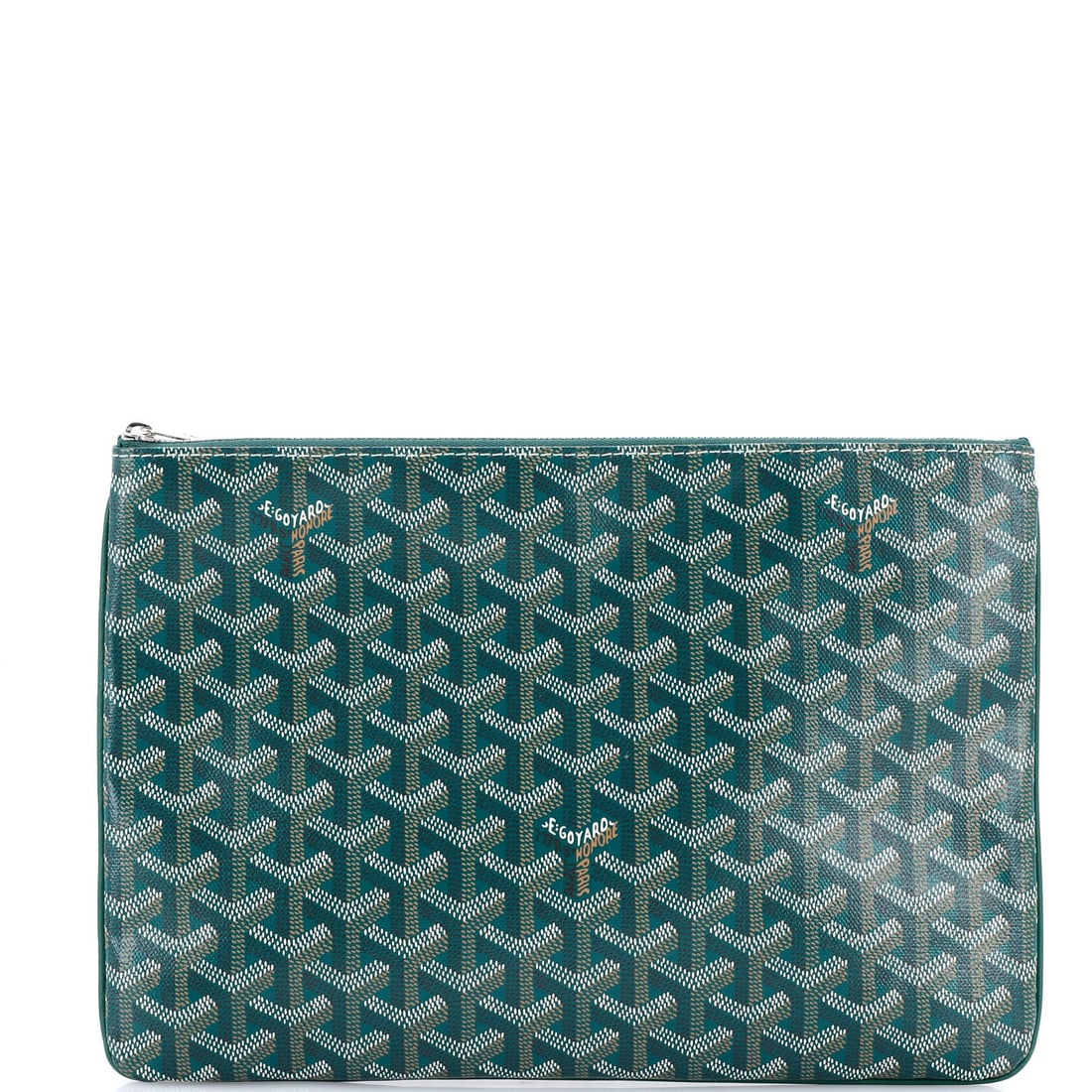 Coated canvas zip pouch by senat goyard mm: Coated canvas zip pouch by senat goyard mm Coated canvas zip pouch by Senat Goyard MM features a vibrant green exterior with orange and yellow interior accents, paired with silver hardware. This styli