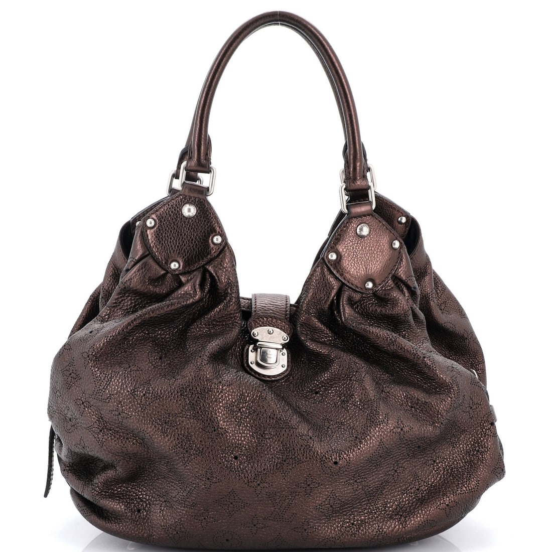 L Hobo Mahina Leather by Louis Vuitton: L Hobo Mahina Leather by Louis Vuitton Brown L Hobo Mahina Leather by Louis Vuitton, featuring heavy edge wear and scuffs on the exterior with minor discoloration. The interior boasts a sleek black mi