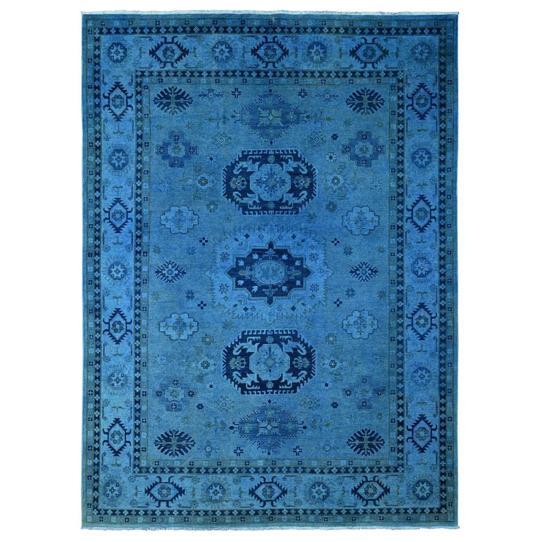 8'8"x11'9" Blue Hand Knotted Overdyed Kazak Geometric Design All Wool Rug: 8'8"x11'9" Blue Hand Knotted Overdyed Kazak Geometric Design All Wool Rug Blue Hand Knotted Kazak Geometric Design All Wool Rug boasts an intricate, rectangular field with a vibrant blue color and ivo