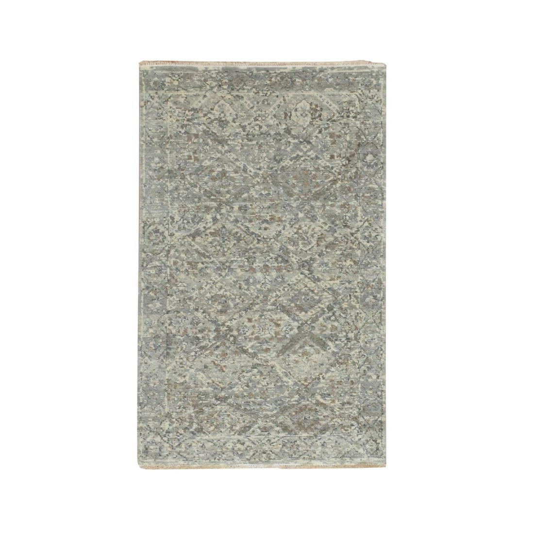 3'x5' Gray Broken Garden Design Hand Knotted Pure Wool Cropped Thin Rug: 3'x5' Gray Broken Garden Design Hand Knotted Pure Wool Cropped Thin Rug Hand-knotted in pure wool, this 3'x5' gray Oushak-style rug boasts a unique geometric design and rectangular field shape. Made f