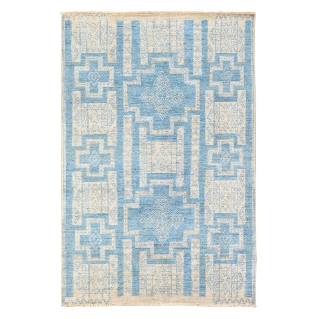6'x8'9" Blue Peshawar with Intricate Geometric Motifs Wool Hand Knotted: 6'x8'9" Blue Peshawar with Intricate Geometric Motifs Wool Hand Knotted The Blue Peshawar with Intricate Geometric Motifs wool hand-knotted rug boasts a stunning rectangular field of deep blue,