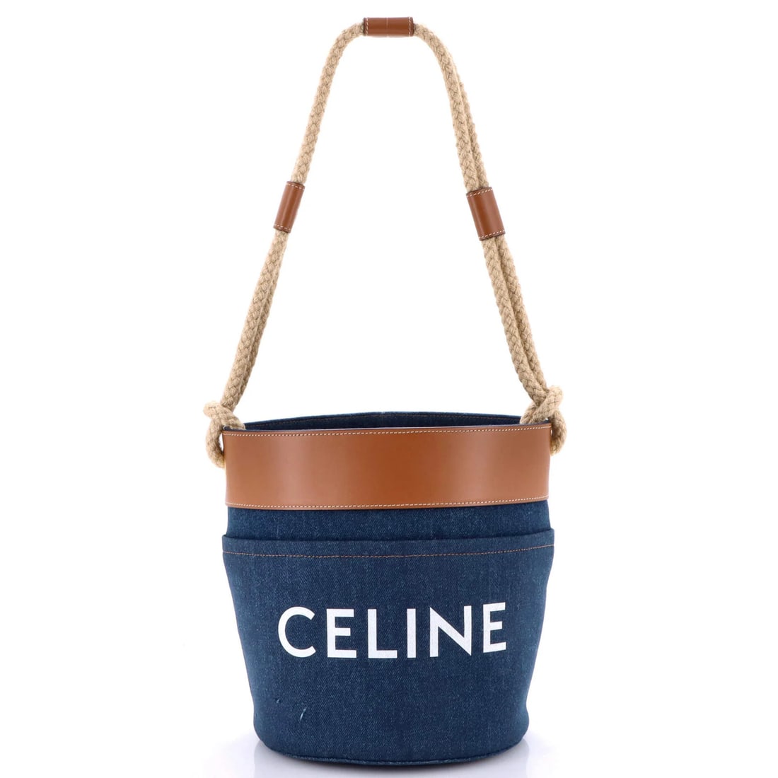 Small denim bucket rope bag: Small denim bucket rope bag Small denim bucket rope bag in blue, featuring a classic bucket style with gold hardware and minor scuffs. Runs and pulls are present, but the overall condition is good,
