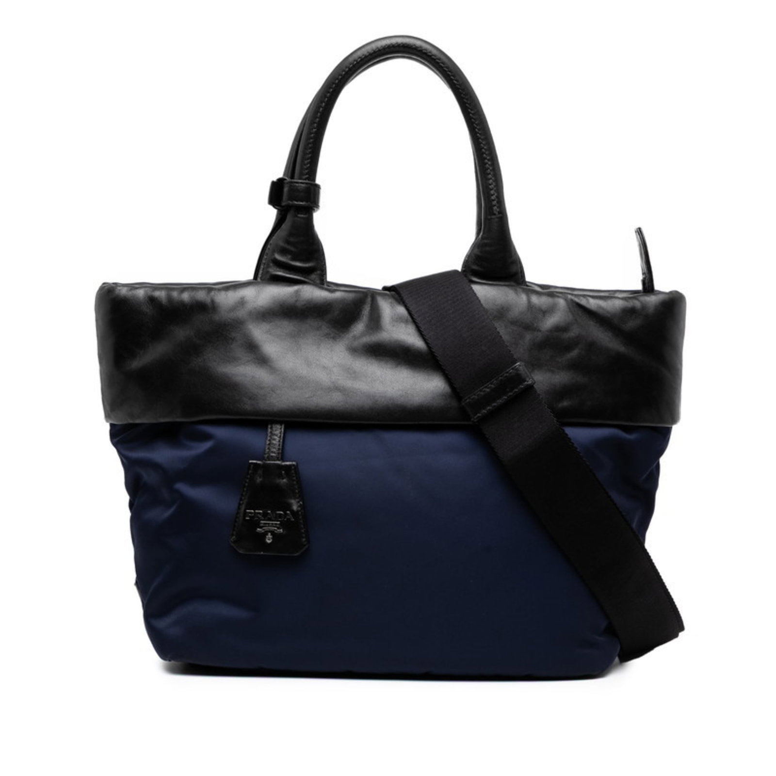 Handbag Nylon Leather Shoulder Bag Prada: Handbag Nylon Leather Shoulder Bag Prada Nylon and leather combine in sleek, modern design. The Prada MPN 1BG959 features a durable black and navy color scheme, with additional accessories like a dust
