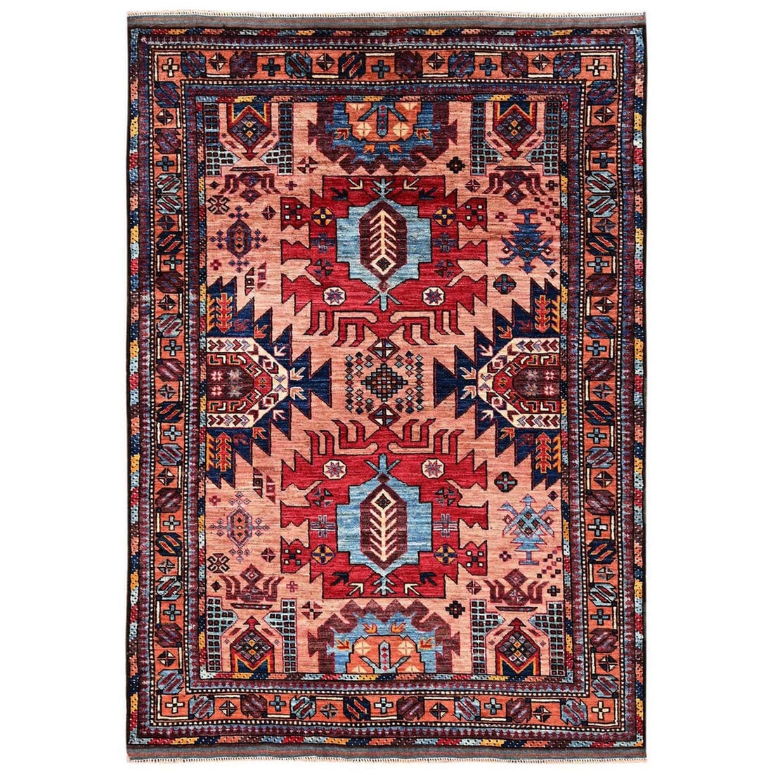 4'3"x6' Peach Color Hand Knotted Afghan Ersari with Caucasian Motif Wool: 4'3"x6' Peach Color Hand Knotted Afghan Ersari with Caucasian Motif Wool Hand-knotted with love, this vibrant peach-colored Afghan Ersari boasts an intricate Caucasian motif in rich wool. Its
