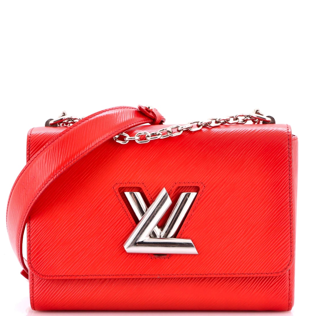 Epi Leather MM Louis Twist Vuitton Handbag: Epi Leather MM Louis Twist Vuitton Handbag Red Epi Leather Louis Vuitton MM Twist Cross Body Bag with Silver Hardware, featuring minor scuffs on exterior and interior. Measuring 12" drop handle, 6.5" 
