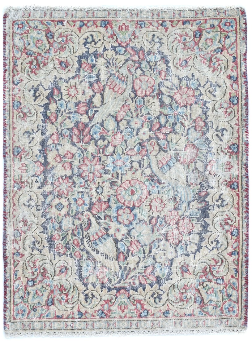 1'7X2'3 Ft Semi-Antique Distressed Oriental Rug Muted Floral Entryway Carpet Hand-Knotted: 1'7X2'3 Ft Semi-Antique Distressed Oriental Rug Muted Floral Entryway Carpet Hand-Knotted Semi-Antique Distressed Oriental Rug Muted Floral Entryway Carpet Hand-Knotted in Wool, measuring 17" x 23"