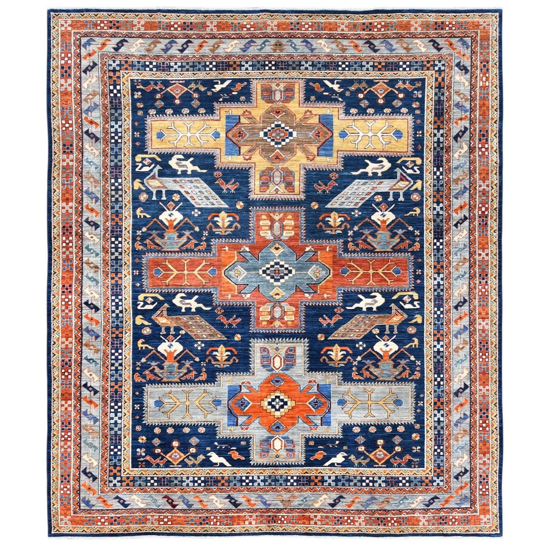 8'4"x9'7" Blue Wool Hand Knotted Armenian Inspired Design 200 KPSI Rug: 8'4"x9'7" Blue Wool Hand Knotted Armenian Inspired Design 200 KPSI Rug This stunning 8'4"x9'7" blue wool hand-knotted Armenian-inspired design rug boasts an intricate field color with a rich blue
