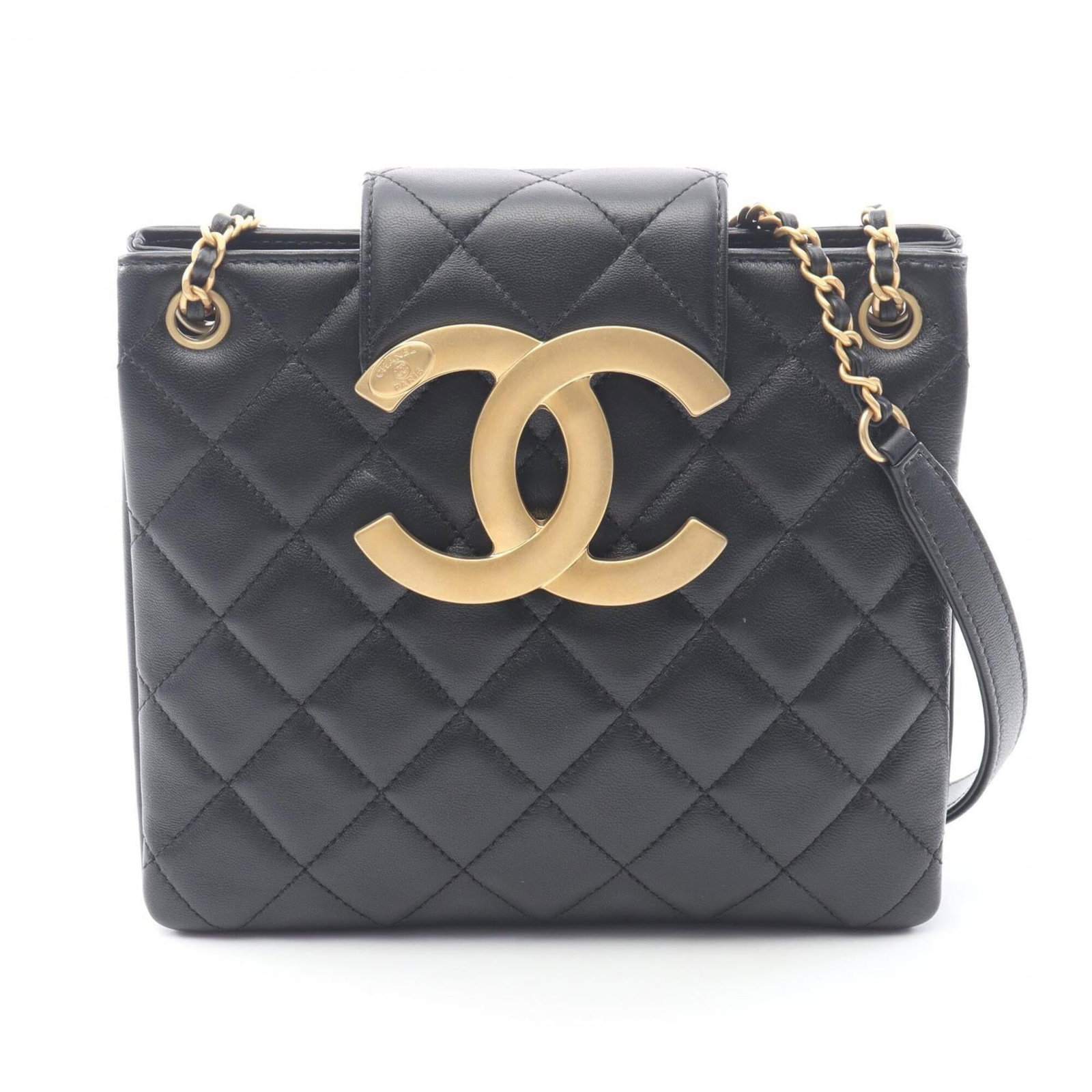 Chanel Handbag Shoulder Bag Leather: Chanel Handbag Shoulder Bag Leather This sleek black Chanel shoulder bag features luxurious lambskin leather and gold hardware, adding a touch of sophistication to any outfit. With its compact size an
