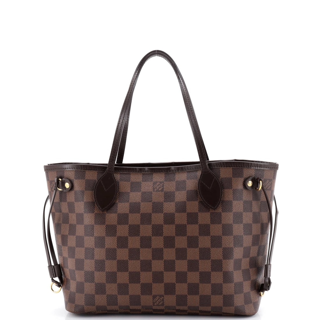 Damier Neverfull Tote Louis Vuitton: Damier Neverfull Tote Louis Vuitton Brown Damier PM canvas coated tote from Louis Vuitton, featuring a classic Neverfull design with gold hardware and red interior. The exterior shows signs of wear, i