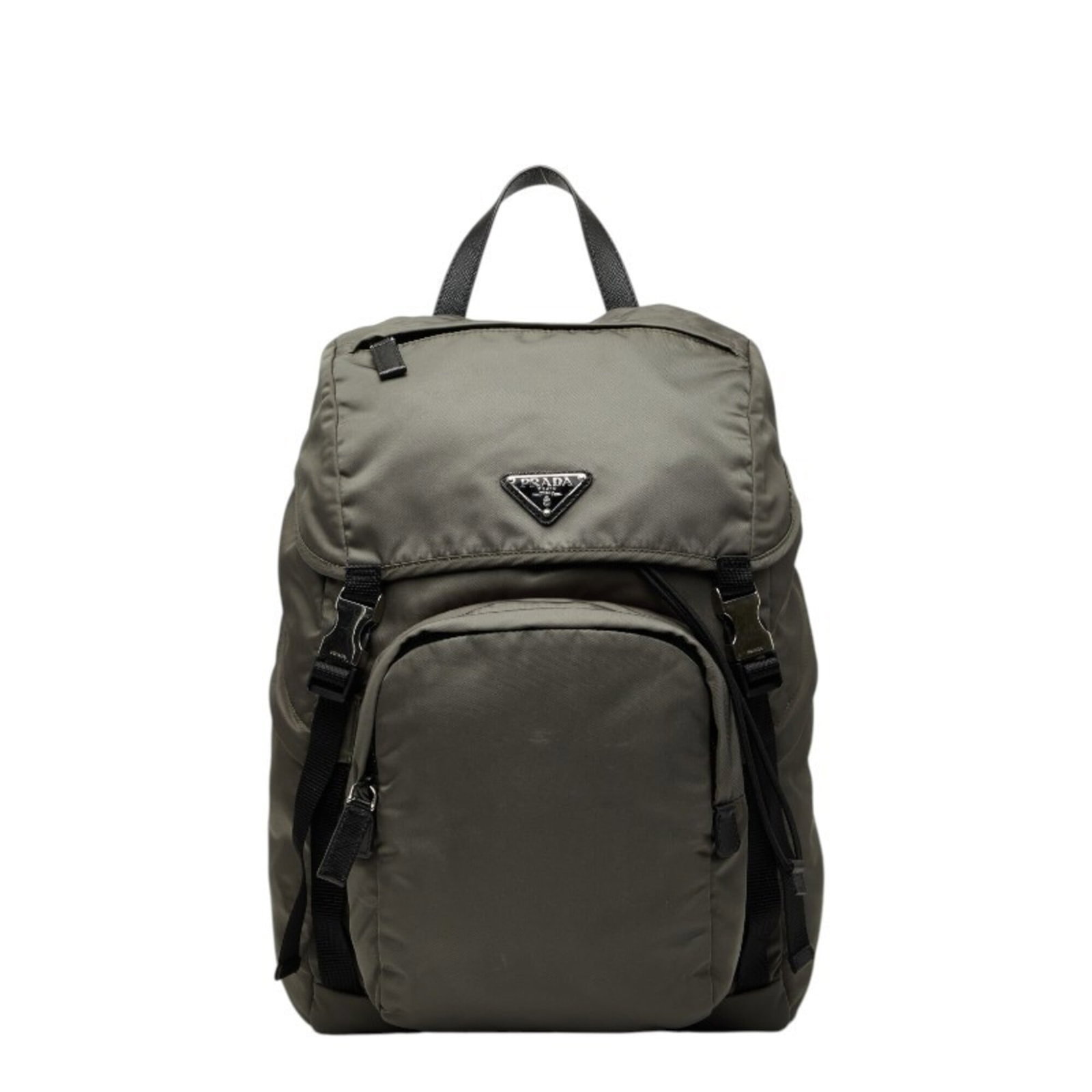 Backpack Nylon Leather by Prada: Backpack Nylon Leather by Prada Nylon and leather blend in this versatile backpack from Prada, available in green and khaki hues. Measuring 42.5cm x 26cm x 14cm, it offers a compact size with a durabl