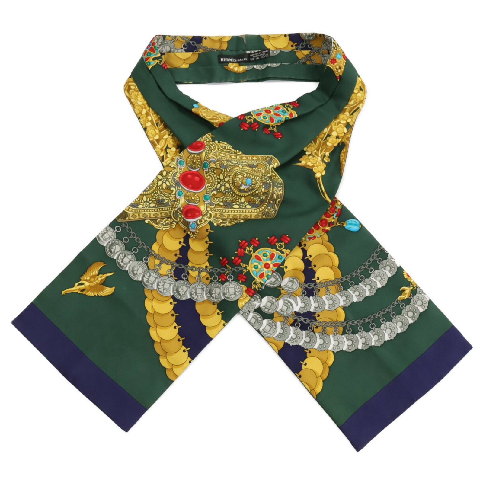 Hermes silk scarf: Hermes silk scarf Silk scarf from renowned brand Hermes, featuring a vibrant green and multi-color design. Made from high-quality silk, the scarf measures 1.27m x 17cm in size. Its elegant dimensions 