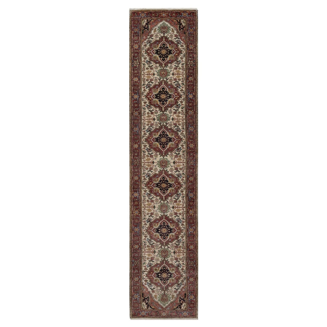 2'6"x14'2" Ivory Rug Antiqued Heris Re-Creation Hand Knotted Wool Runner: 2'6"x14'2" Ivory Rug Antiqued Heris Re-Creation Hand Knotted Wool Runner Hand-knotted wool runner in an intricate medallion pattern, crafted from high-quality wool and featuring a rich ivory color. Th