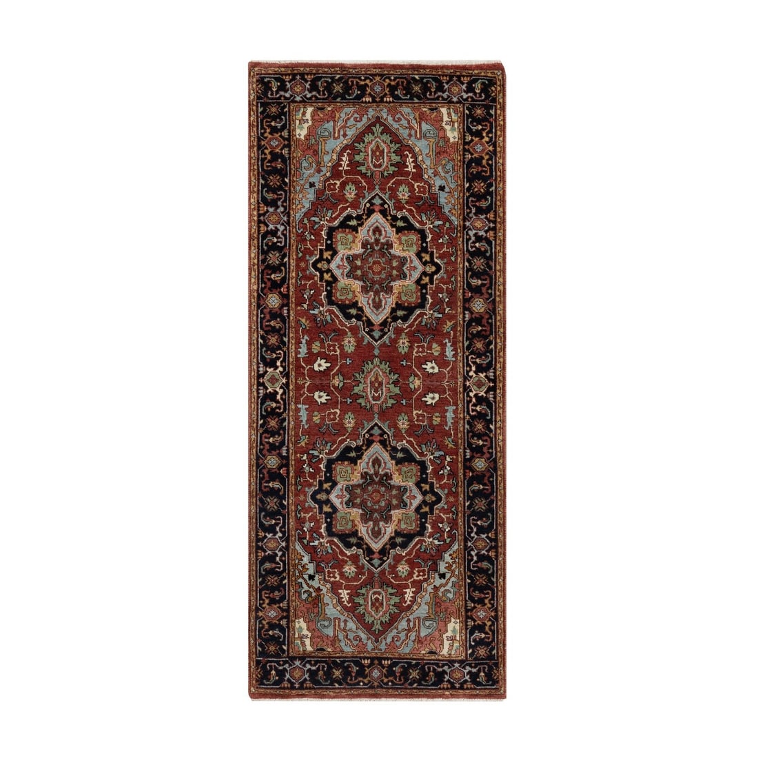 2'6"x6'3" Red Antiqued Heris Hand Knotted New Zealand Wool Runner Rug: 2'6"x6'3" Red Antiqued Heris Hand Knotted New Zealand Wool Runner Rug Hand-knotted in New Zealand wool, this stunning red Heris runner rug boasts an intricate medallion pattern and rich, bold colors. 