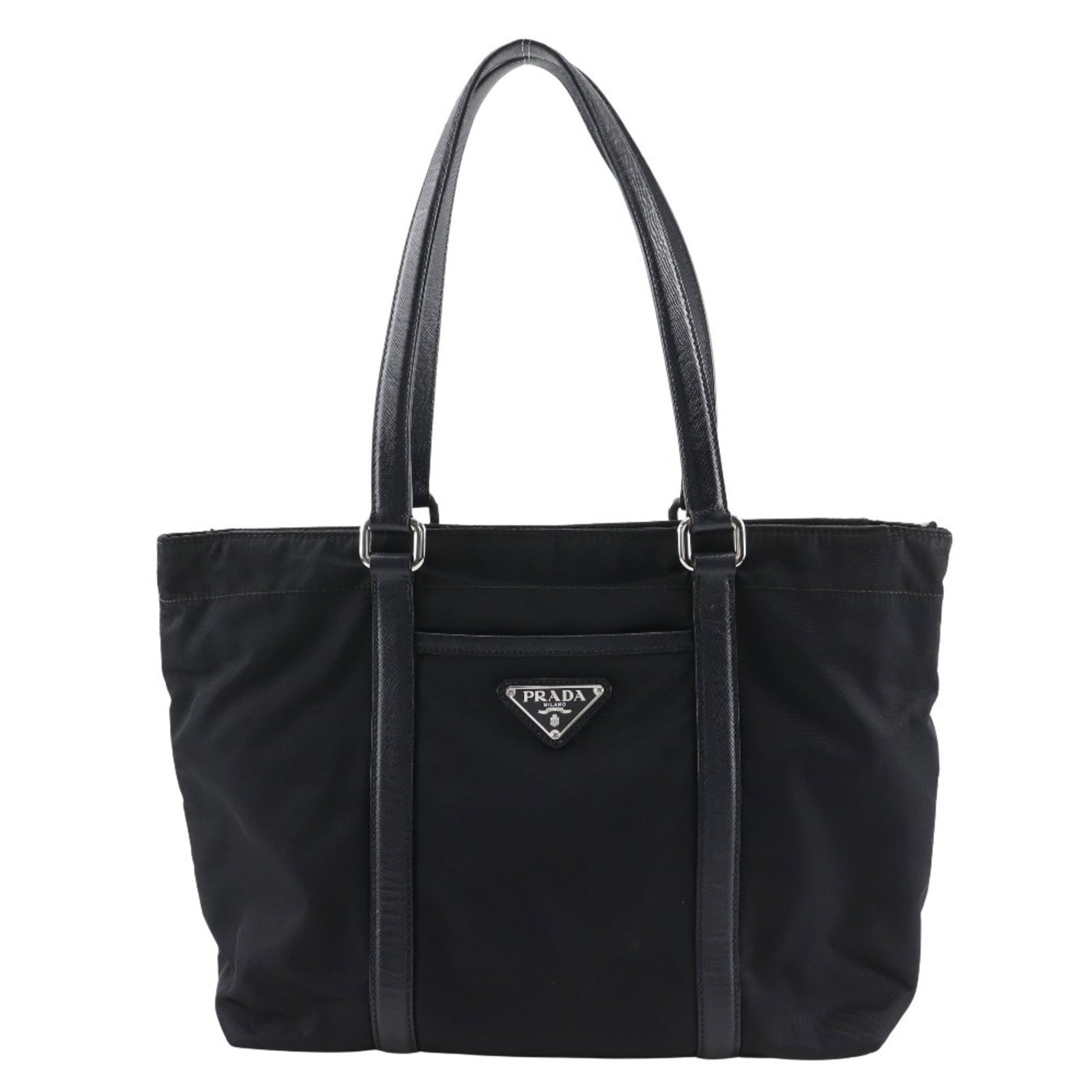 Nylon leather bag tote Prada: Nylon leather bag tote Prada This Prada nylon leather tote bag boasts a sleek black and nero color combination, with a durable nylon exterior and supple leather accents. Measuring 24cm x 29cm x 12cm, 