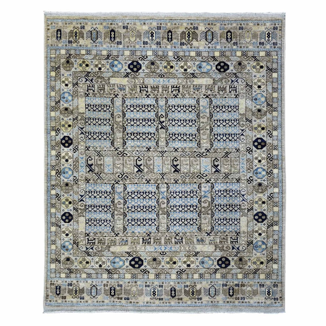 8'x9'9" Beige Hand Knotted Afghan Ersari Soft Wool Oriental Rug: 8'x9'9" Beige Hand Knotted Afghan Ersari Soft Wool Oriental Rug Beige Hand Knotted Afghan Ersari Soft Wool Oriental Rug, measuring 117" x 96". This stunning 8'0"x9'9" rectangular field rug features a 