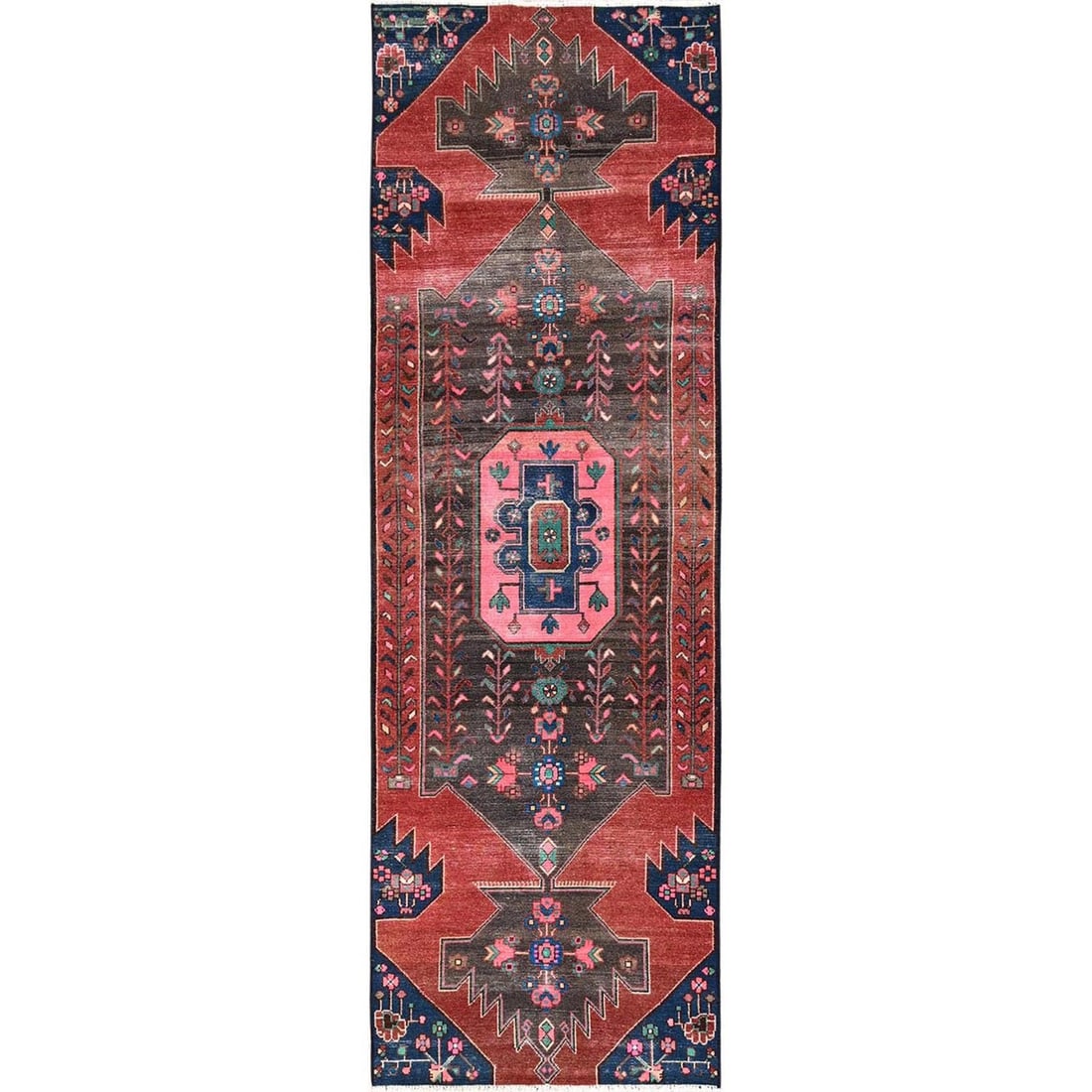 2'9"x8'10" Red Vintage Zoroastrian Khamadan Wool Hand Knotted Runner Rug: 2'9"x8'10" Red Vintage Zoroastrian Khamadan Wool Hand Knotted Runner Rug This stunning Red Vintage Zoroastrian Khamadan Wool Hand Knotted Runner Rug boasts a striking geometric design, characteristic 