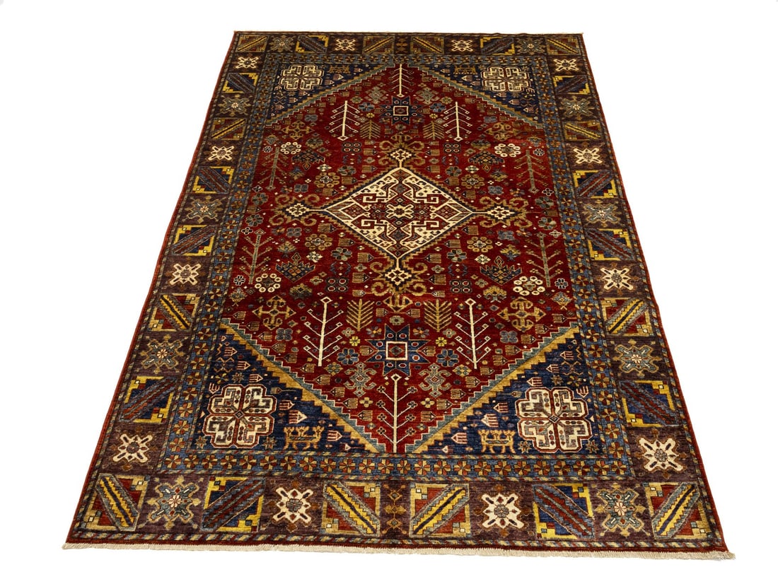 Afghan Herati Oriental Rug Handspun Wool Tribal Carpet Farmhouse Decor 6X9 Ft Hand-Knotted: Afghan Herati Oriental Rug Handspun Wool Tribal Carpet Farmhouse Decor 6X9 Ft Hand-Knotted Handspun Wool Tribal Carpet in Rusty Red Burgundy Yellow Brown Gold Blue, Geometric Pattern, 6'1" x 9'0". Thi