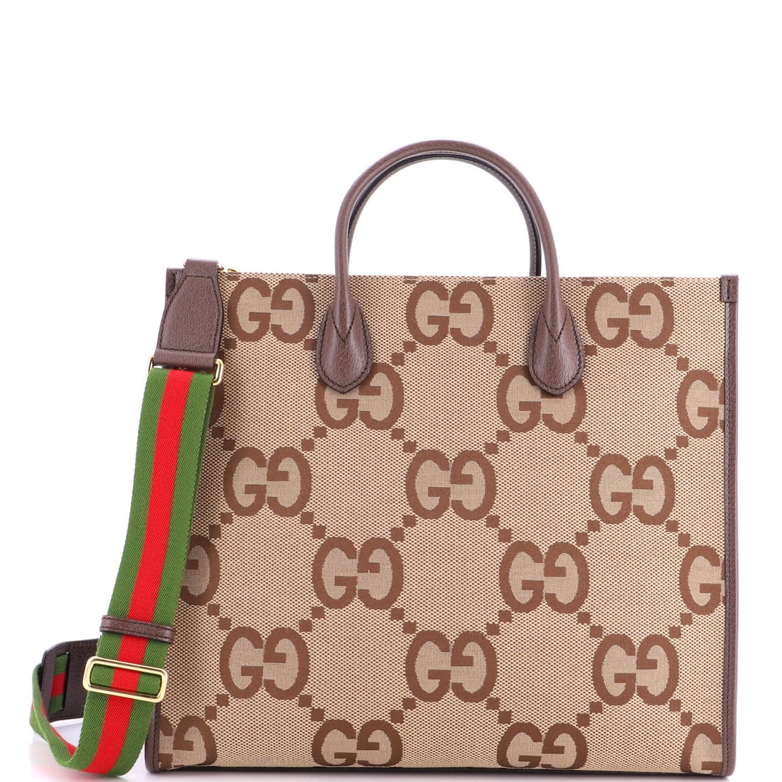 Gucci Canvas Large Jumbo Tote Convertible: Gucci Canvas Large Jumbo Tote Convertible Brown canvas large jumbo tote with convertible design, featuring gold hardware and neutral interior. The item measures 13" tall, 14.5" wide, and 6" deep, with