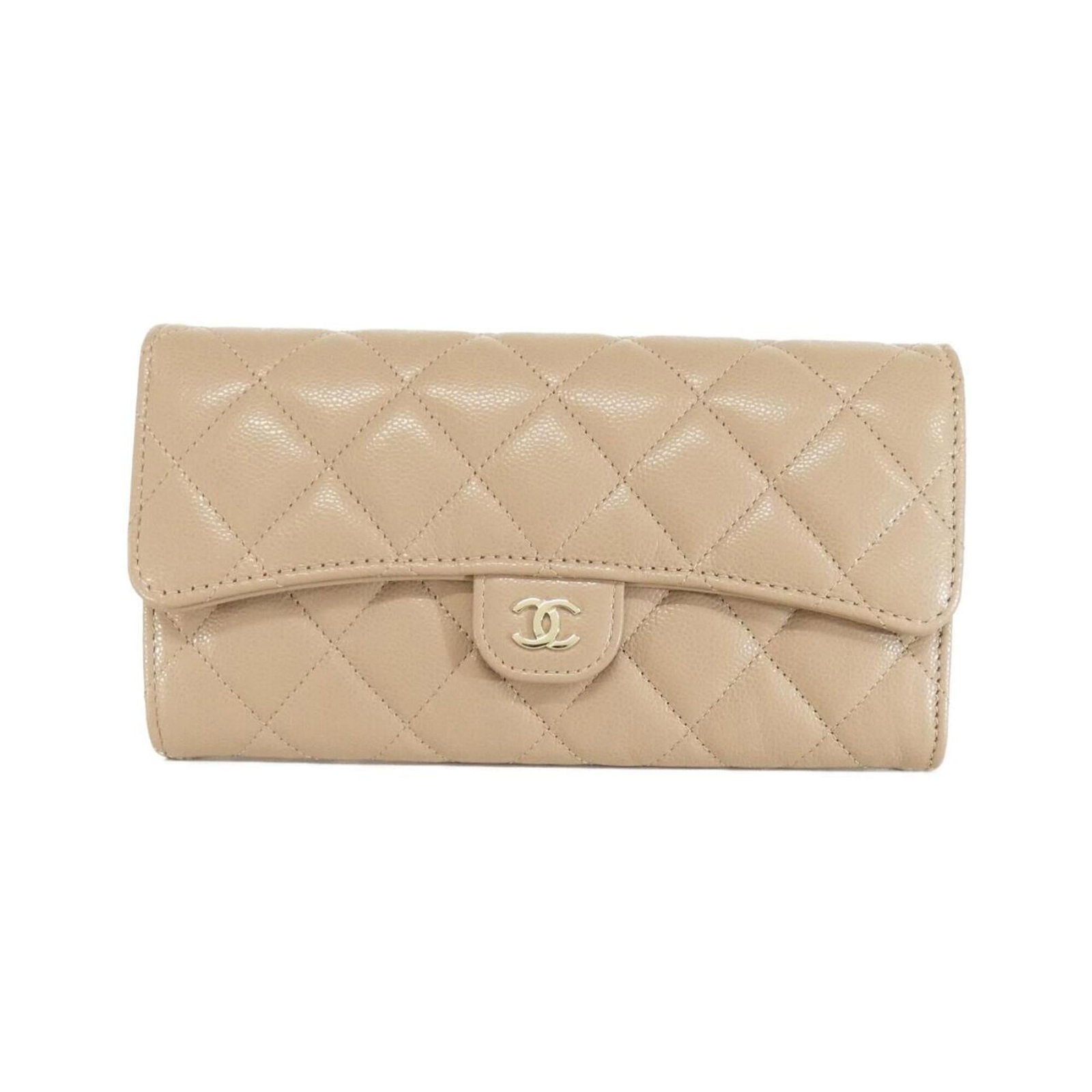 Chanel Long Wallet (Bi-Fold) Grained Calfskin: Chanel Long Wallet (Bi-Fold) Grained Calfskin Chanel's iconic bi-fold wallet in beige grain calfskin, measuring 10cm x 19cm x 3cm. Its classic design and premium material make it a timeless accessory