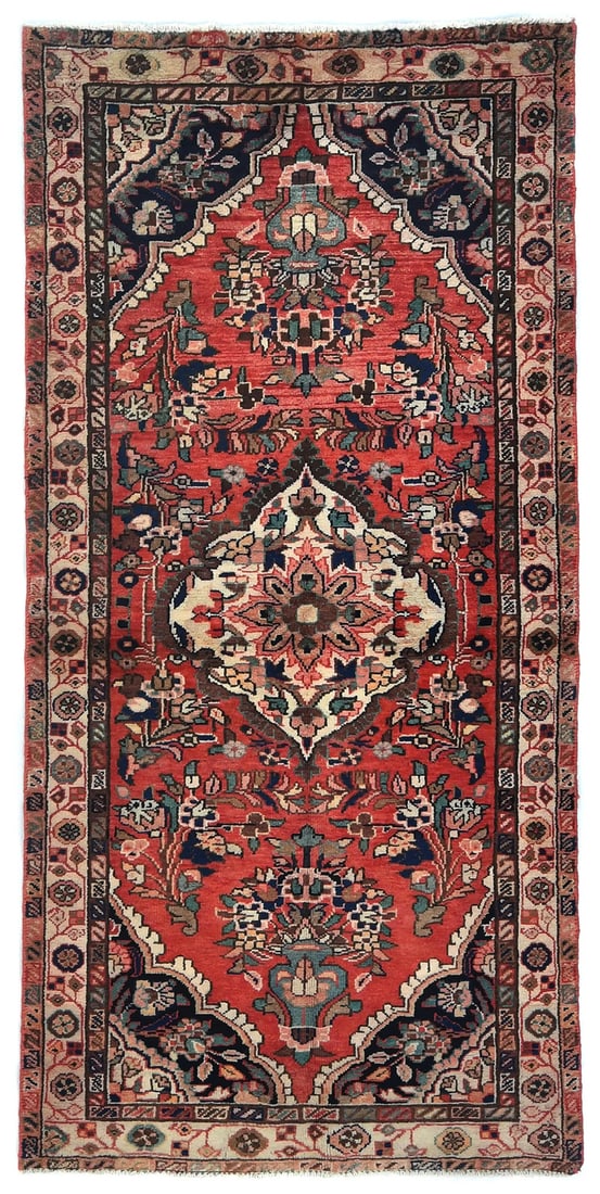 Vintage Floral Tribal 3'4X6'10 Ft Rug Oriental Hallway Farmhouse Decor Carpet Hand-Knotted: Vintage Floral Tribal 3'4X6'10 Ft Rug Oriental Hallway Farmhouse Decor Carpet Hand-Knotted 82" x 40" hand-knotted wool rug with a vibrant floral tribal design, showcasing muted reds, creams, and