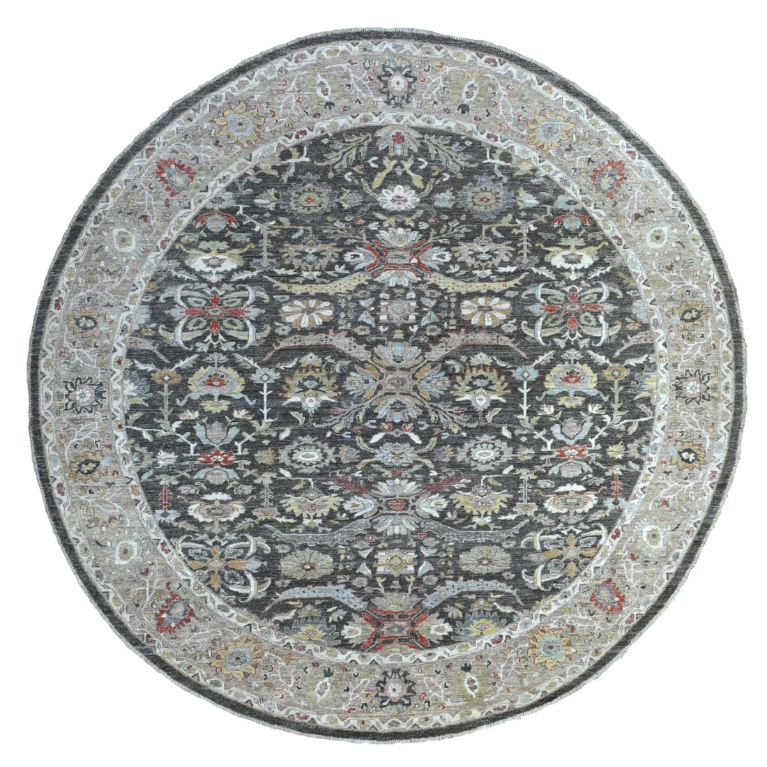 9'10"x9'10" Gray With Heriz Design lustrous wool Hand Knotted Round Rug: 9'10"x9'10" Gray With Heriz Design lustrous wool Hand Knotted Round Rug 9'10"x9'10" Gray With Heriz Design lustrous wool Hand Knotted Round Rug. This stunning hand-knotted rug boasts a beautiful gray 