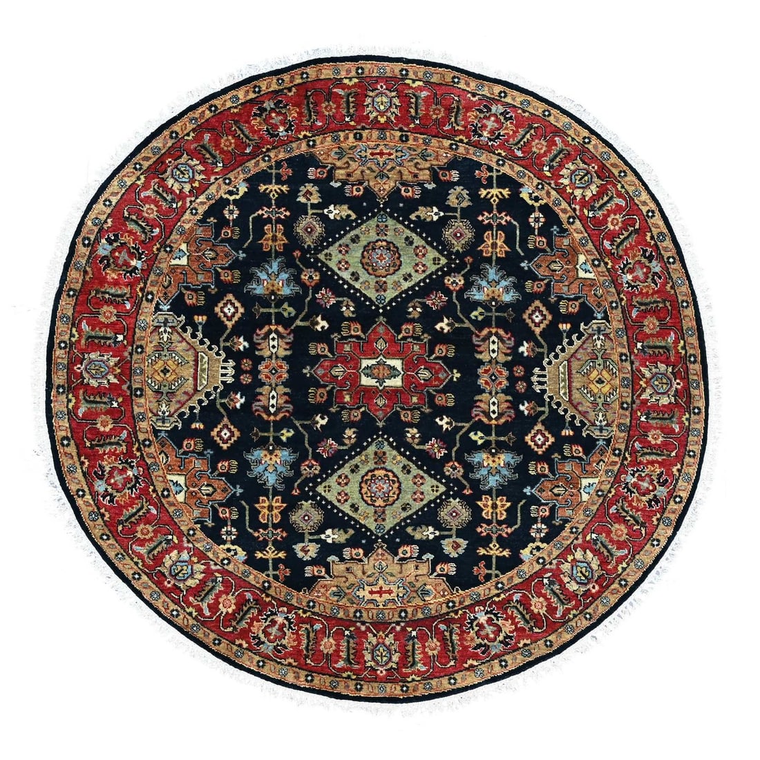Round 6'x6' Karjihooz Design Black Pure Wool Oriental Hand Knotted Rug: Round 6'x6' Karjihooz Design Black Pure Wool Oriental Hand Knotted Rug Black Karjihooz Design Pure Wool Oriental Hand Knotted Rug, measuring 6'x6', boasts an exquisite field color with subtle nuances 