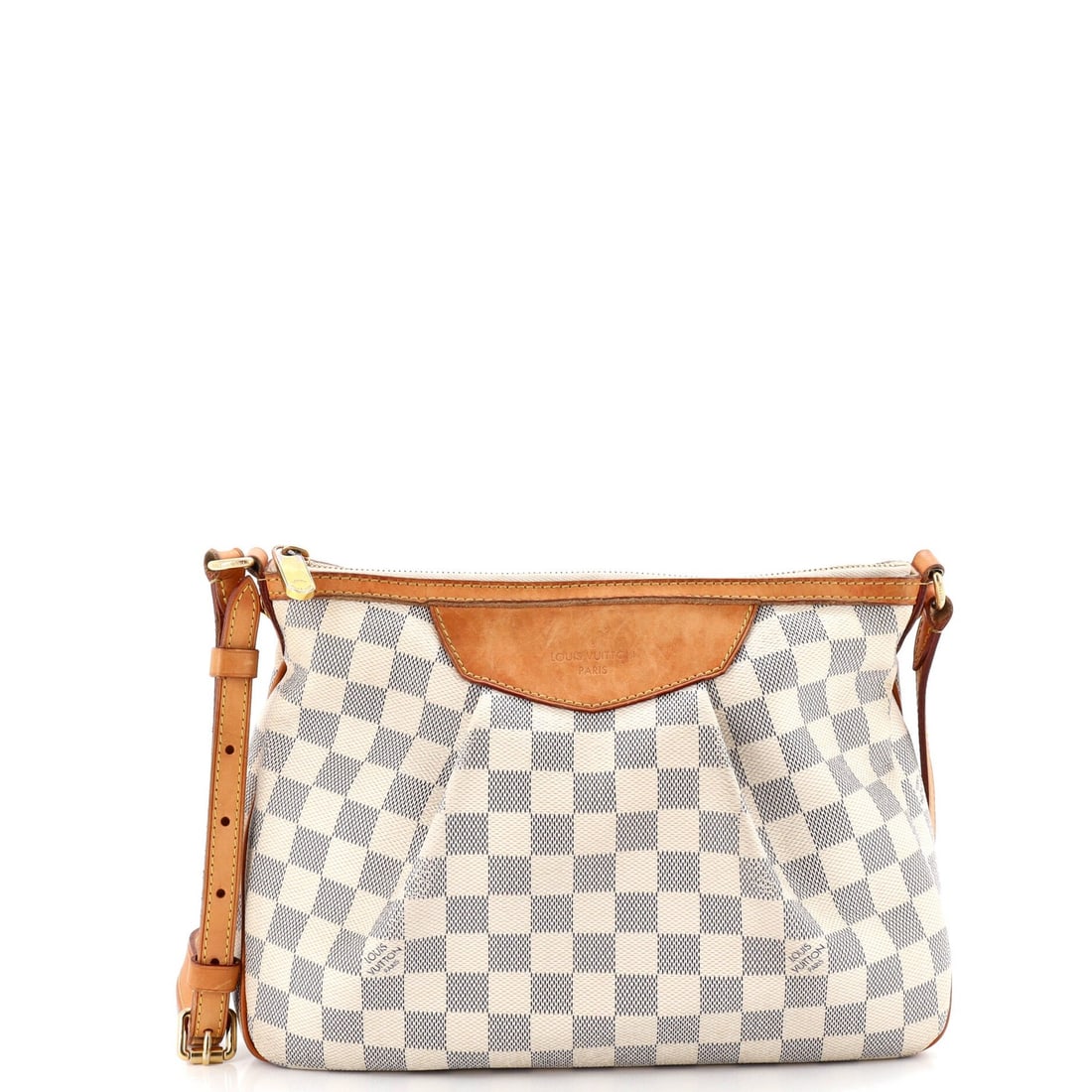 Handbag Damier Siracusa Louis Vuitton: Handbag Damier Siracusa Louis Vuitton White Damier Siracusa cross body bag from Louis Vuitton, featuring canvas coated exterior with heavy scuffs throughout and edge wear. The interior is made of neut