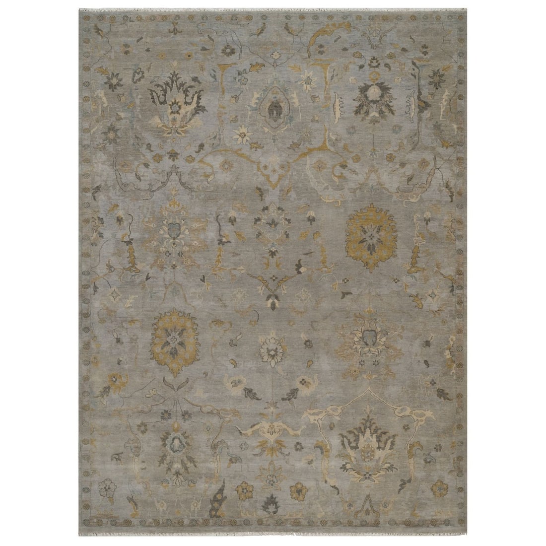 8'10"x11'10" Stone Gray Oushak with Leaf Design Hand Knotted Pure Wool Rug: 8'10"x11'10" Stone Gray Oushak with Leaf Design Hand Knotted Pure Wool Rug The Stone Gray Oushak with Leaf Design hand knotted pure wool rug boasts a stunning floral pattern in shades of grey, yellow,