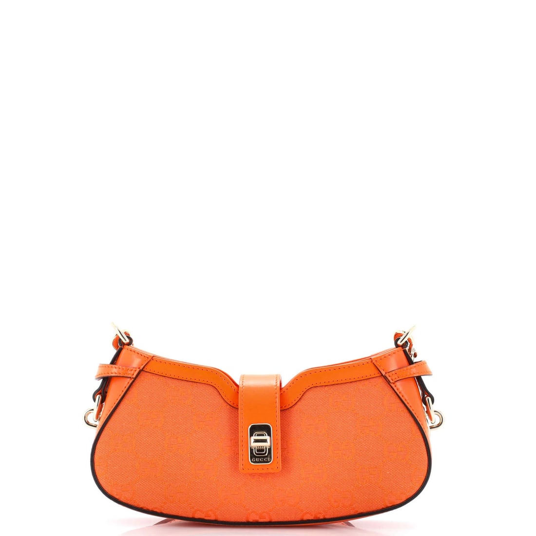 Gucci Mini Canvas GG Side Bag Moon Shoulder: Gucci Mini Canvas GG Side Bag Moon Shoulder The Gucci Mini Canvas GG Side Bag Moon Shoulder boasts vibrant orange hues and striking gold tone hardware, making it a bold statement piece. With its canva