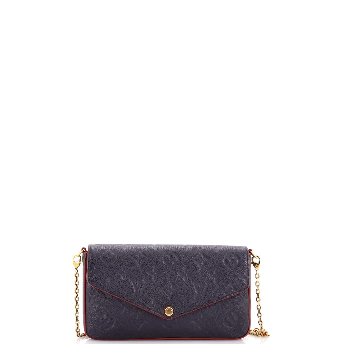 Vuitton Louis Pochette Monogram Leather Empreinte Felicie: Vuitton Louis Pochette Monogram Leather Empreinte Felicie The Louis Vuitton Pochette Monogram Leather Empreinte Felicie features a striking blue exterior with the iconic monogram pattern, adorned with