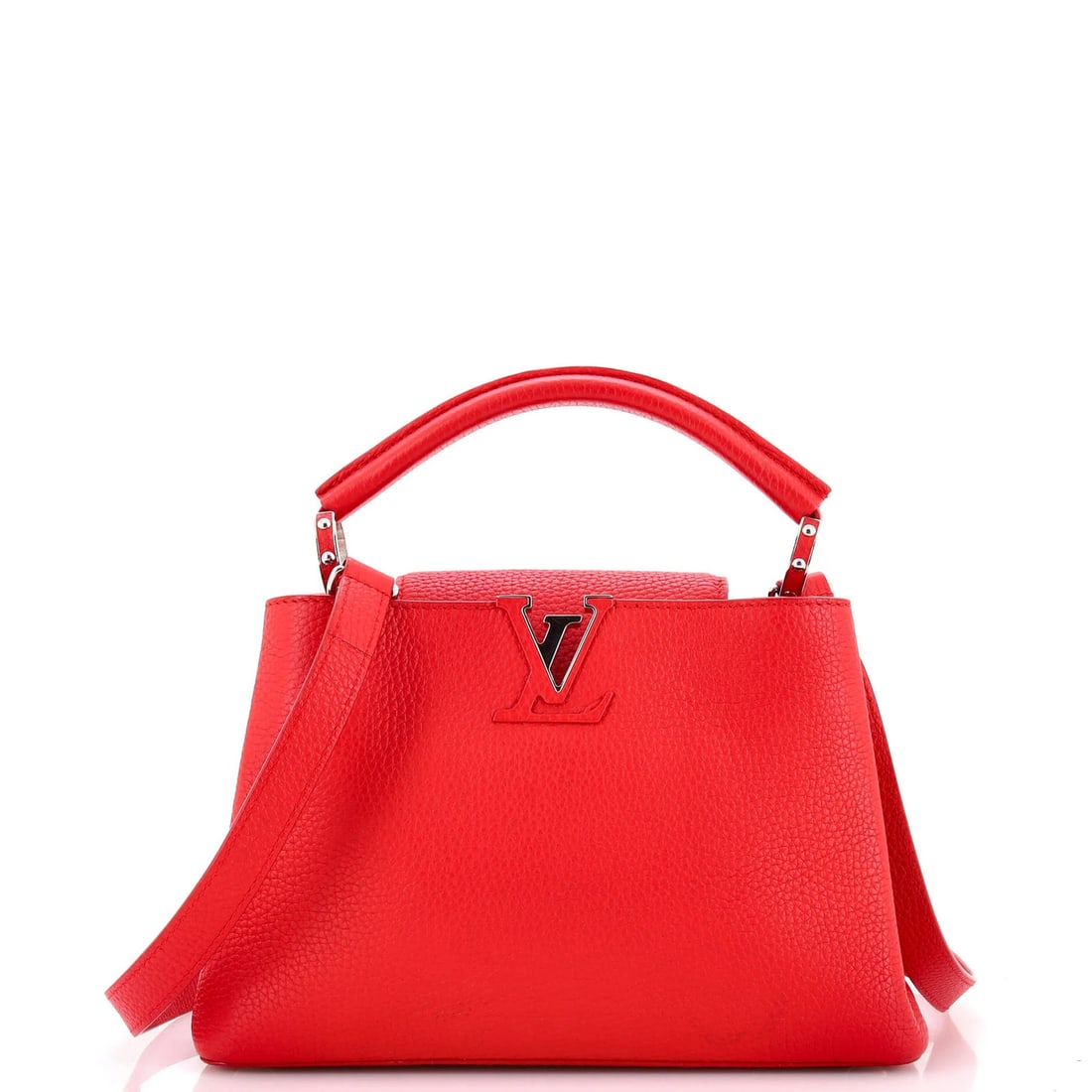 Louis Vuitton Capucines Bag Leather BB: Louis Vuitton Capucines Bag Leather BB Red Louis Vuitton Capucines Bag Leather BB with Silver Hardware, featuring minor creases and scuffs on the exterior and interior. This stylish top handle bag mea