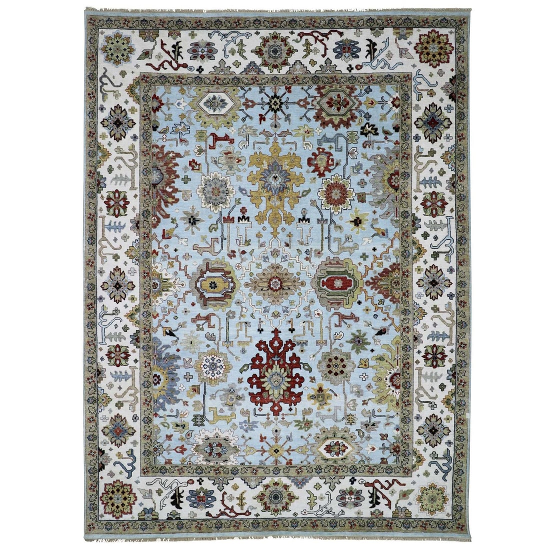9'x12'5" Azure Sky Blue Hand Knotted Wool Agra Leaf Design Oriental Rug: 9'x12'5" Azure Sky Blue Hand Knotted Wool Agra Leaf Design Oriental Rug Azure Sky Blue Hand Knotted Wool Agra Leaf Design Oriental Rug boasts a stunning blue hue and intricate leaf pattern, crafted fr