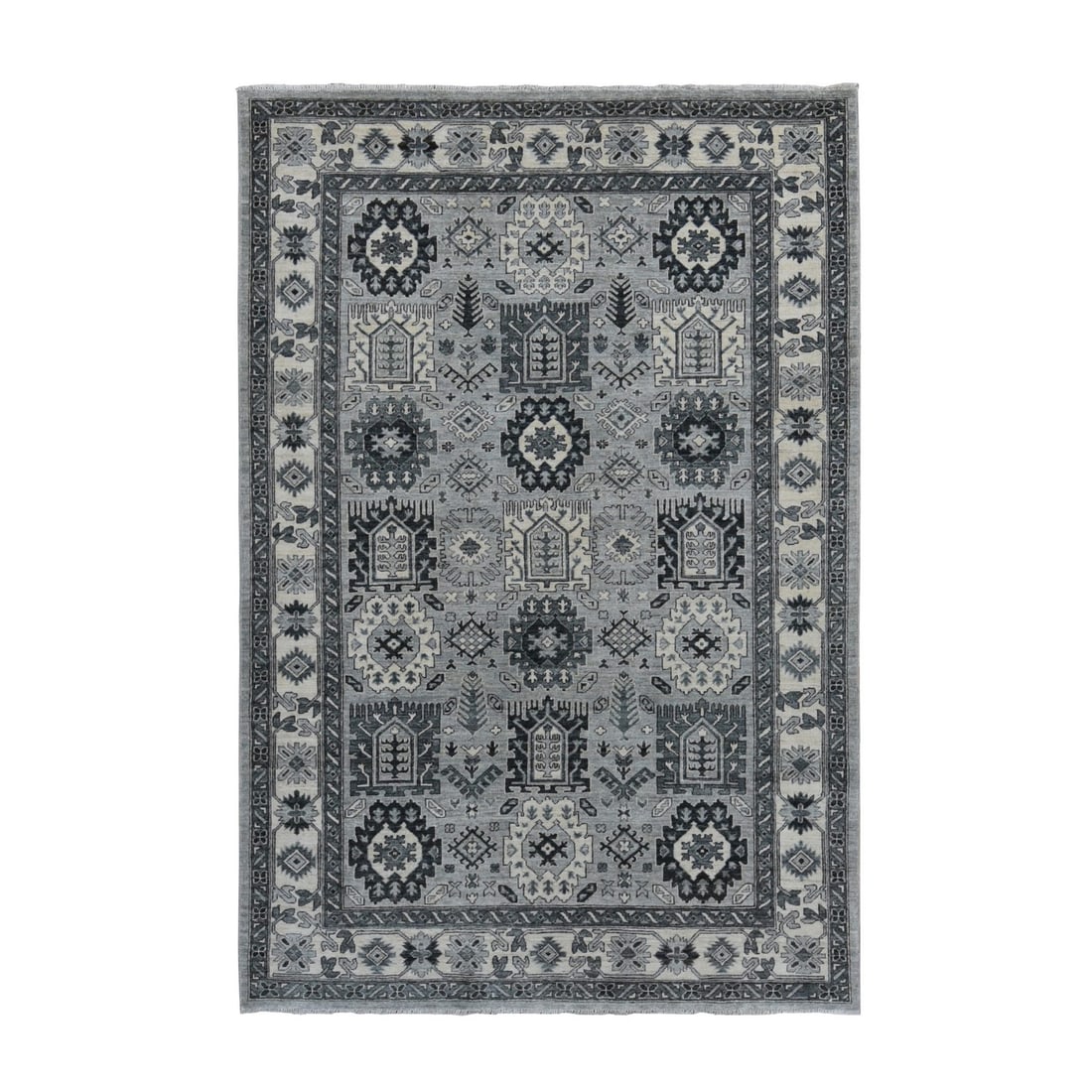 6'2"x9'2" Gray Pure Wool Hand Knotted Peshawar with Karjihooz Design Rug: 6'2"x9'2" Gray Pure Wool Hand Knotted Peshawar with Karjihooz Design Rug 6'2"x9'2" Gray Pure Wool Hand Knotted Peshawar with Karjihooz Design Rug boasts a stunning rectangular field in a rich grey col