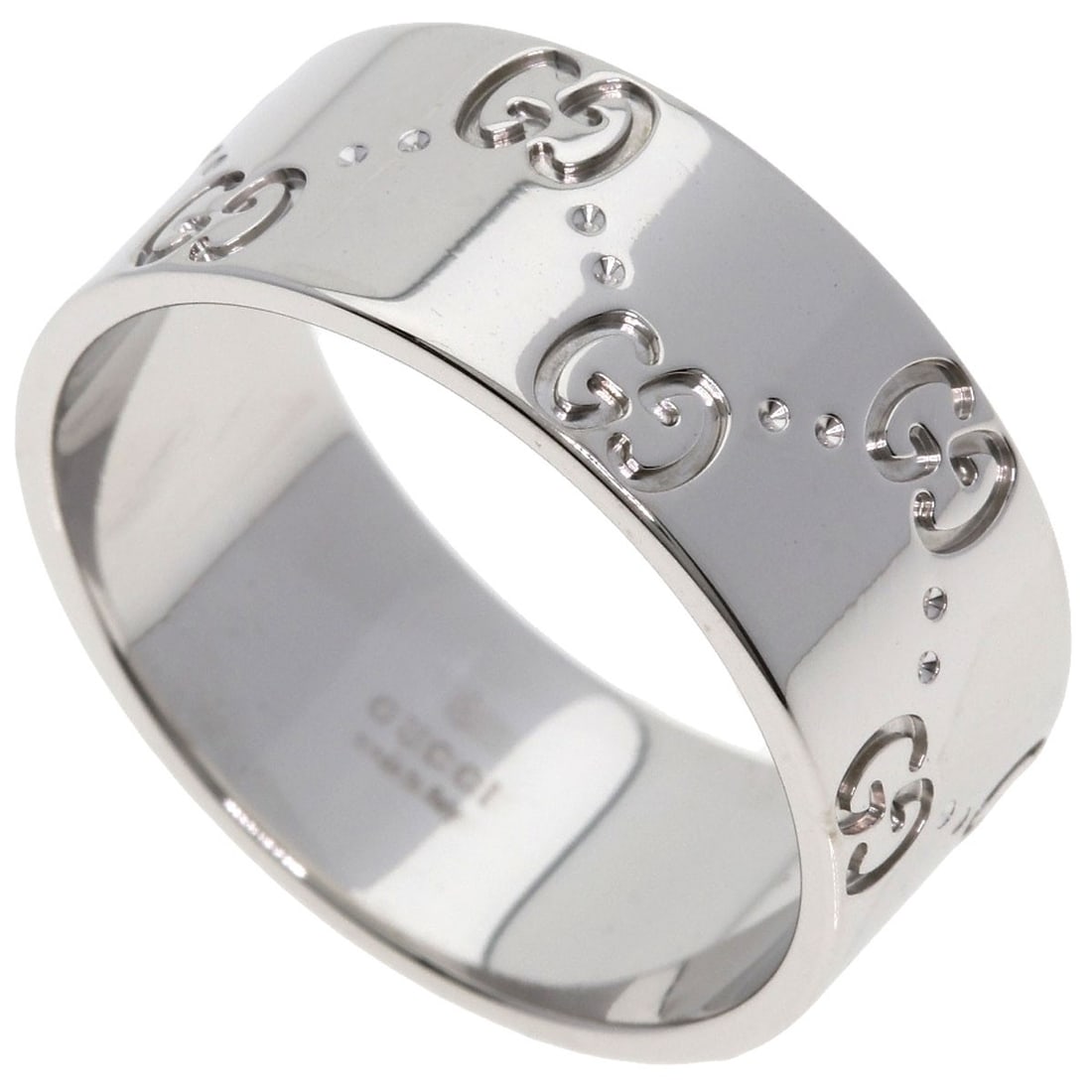 Icon Wide Gucci Gold White K18 Ring #22: Icon Wide Gucci Gold White K18 Ring #22 K18 White Gold Ring with Iconic Gucci Design. This stunning ring features the iconic GUCCI style, crafted from high-quality K18 white gold for a luxurious finis