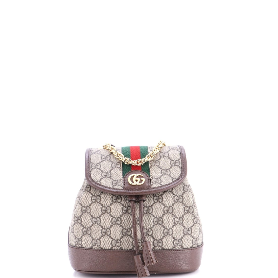 Gucci Ophidia Flap Backpack GG Coated Canvas Mini: Gucci Ophidia Flap Backpack GG Coated Canvas Mini Brown Gucci Ophidia Flap Backpack GG Coated Canvas Mini with Gold Hardware, featuring a neutral interior and minor scuffs on exterior. The item measur