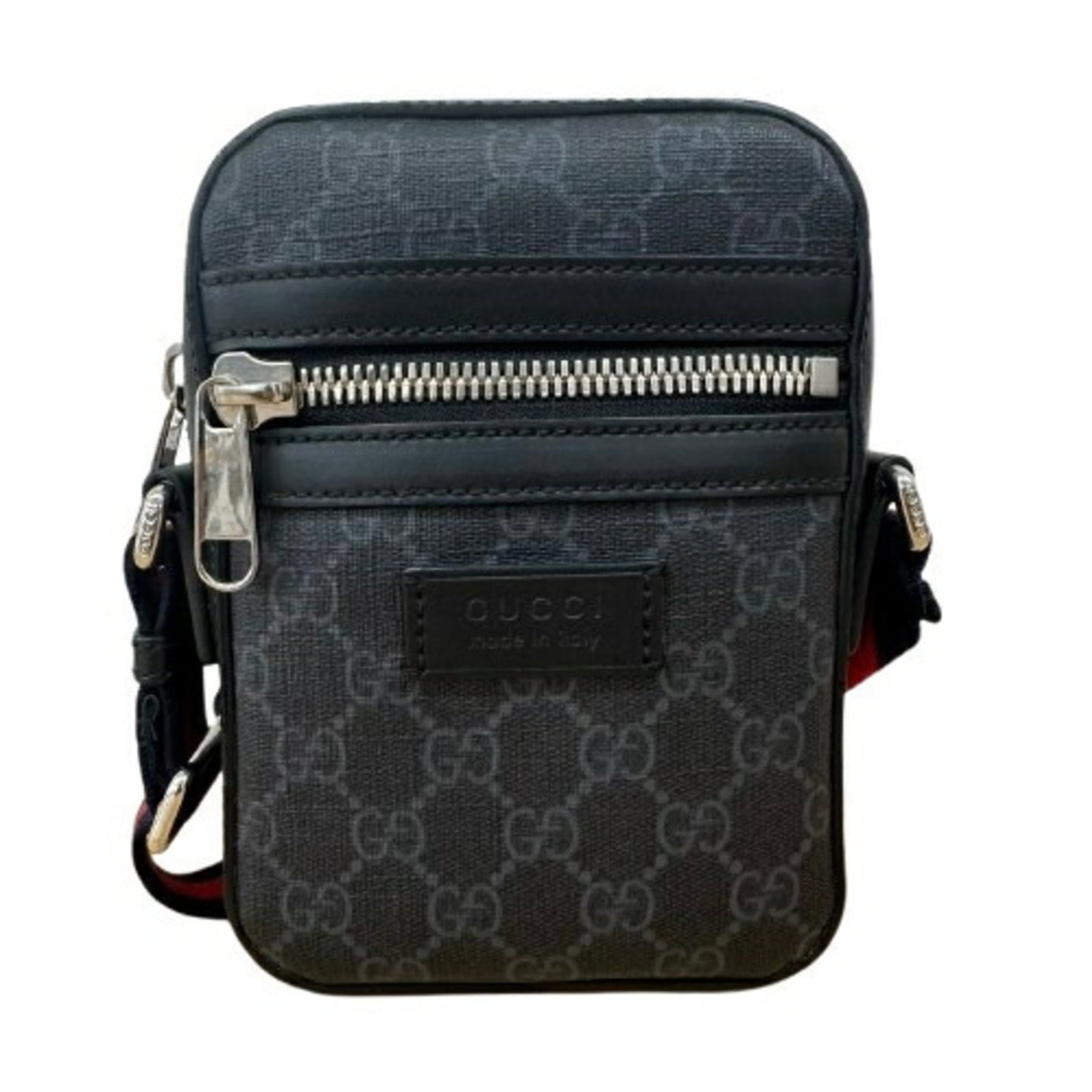 Shoulder bag coated canvas Gucci messenger bag: Shoulder bag coated canvas Gucci messenger bag Coated canvas Gucci messenger bag in black, featuring a sturdy design with a signature. Measuring 18cm x 12cm x 5cm, it has a compact size perfect for ev