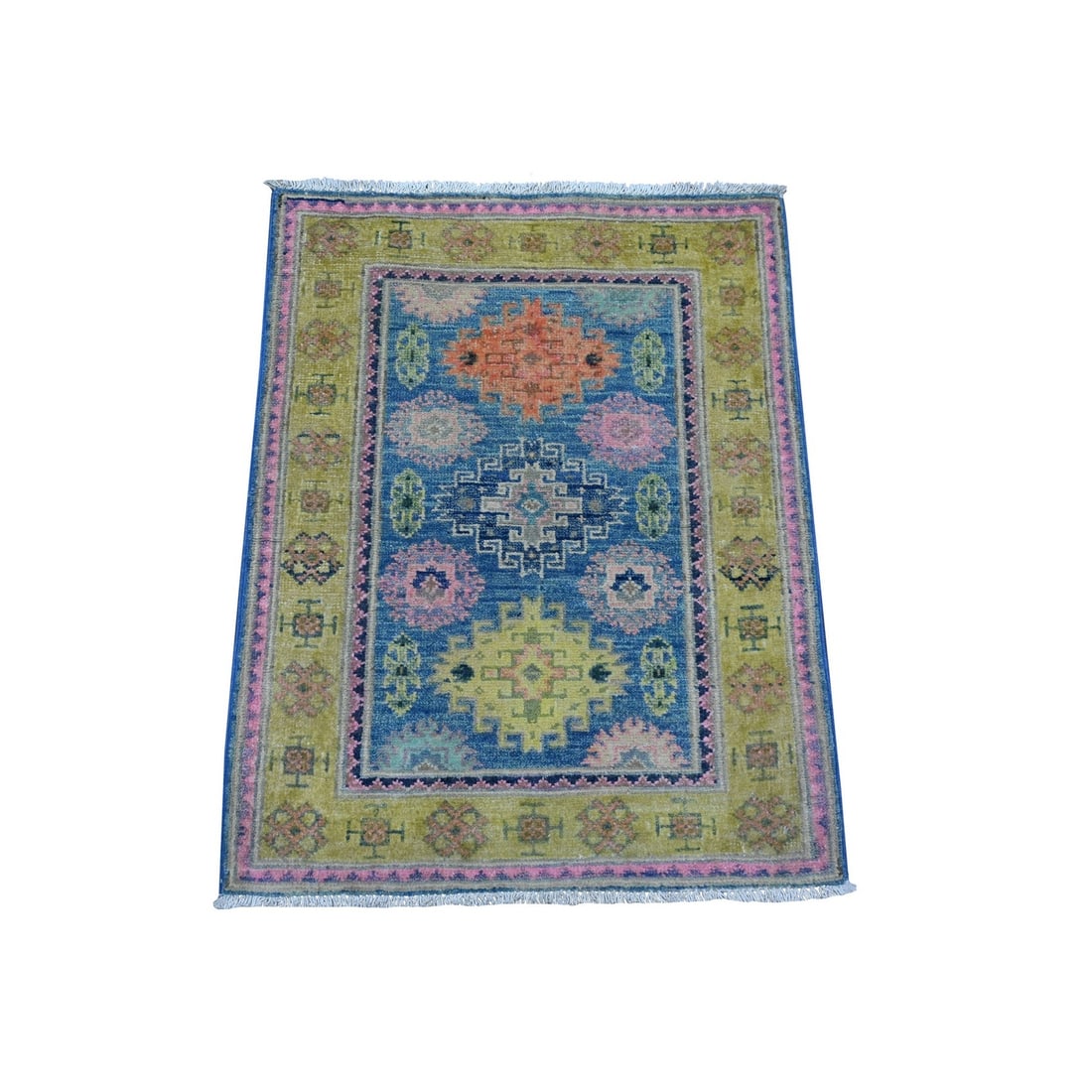2'1"x2'6" Medium Sapphire Blue Vibrant Wool Fusion Kazak Oriental Mat Rug: 2'1"x2'6" Medium Sapphire Blue Vibrant Wool Fusion Kazak Oriental Mat Rug 100% wool, medium sapphire blue in vibrant hue, this Kazak Oriental Mat Rug measures 2'1" x 2'6". The rug's unique fusion styl