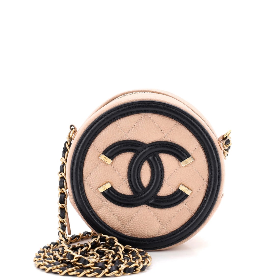 Round clutch chain quilted caviar mini by Chanel: Round clutch chain quilted caviar mini by Chanel The Chanel Round Clutch Chain Quilted Caviar Mini in neutral exterior color features a classic cross body design with chain details and quilted texture