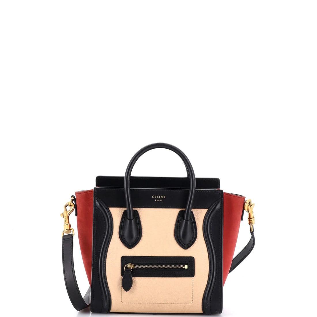 Nano Leather Luggage Bag Celine Tricolor: Nano Leather Luggage Bag Celine Tricolor This Celine Tricolor Nano Leather Cross Body Bag features a neutral exterior with black, red, and aged gold accents. Made from high-quality leather, the bag bo