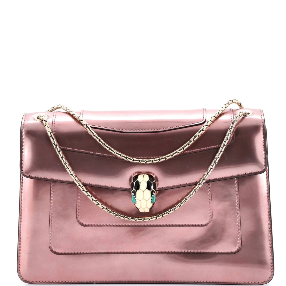 Bvlgari serpenti forever metallic leather bag medium: Bvlgari serpenti forever metallic leather bag medium Bvlgari's Serpenti Forever Metallic Leather Medium bag boasts a striking pink exterior with metallic accents, adding a touch of glamour to any outf