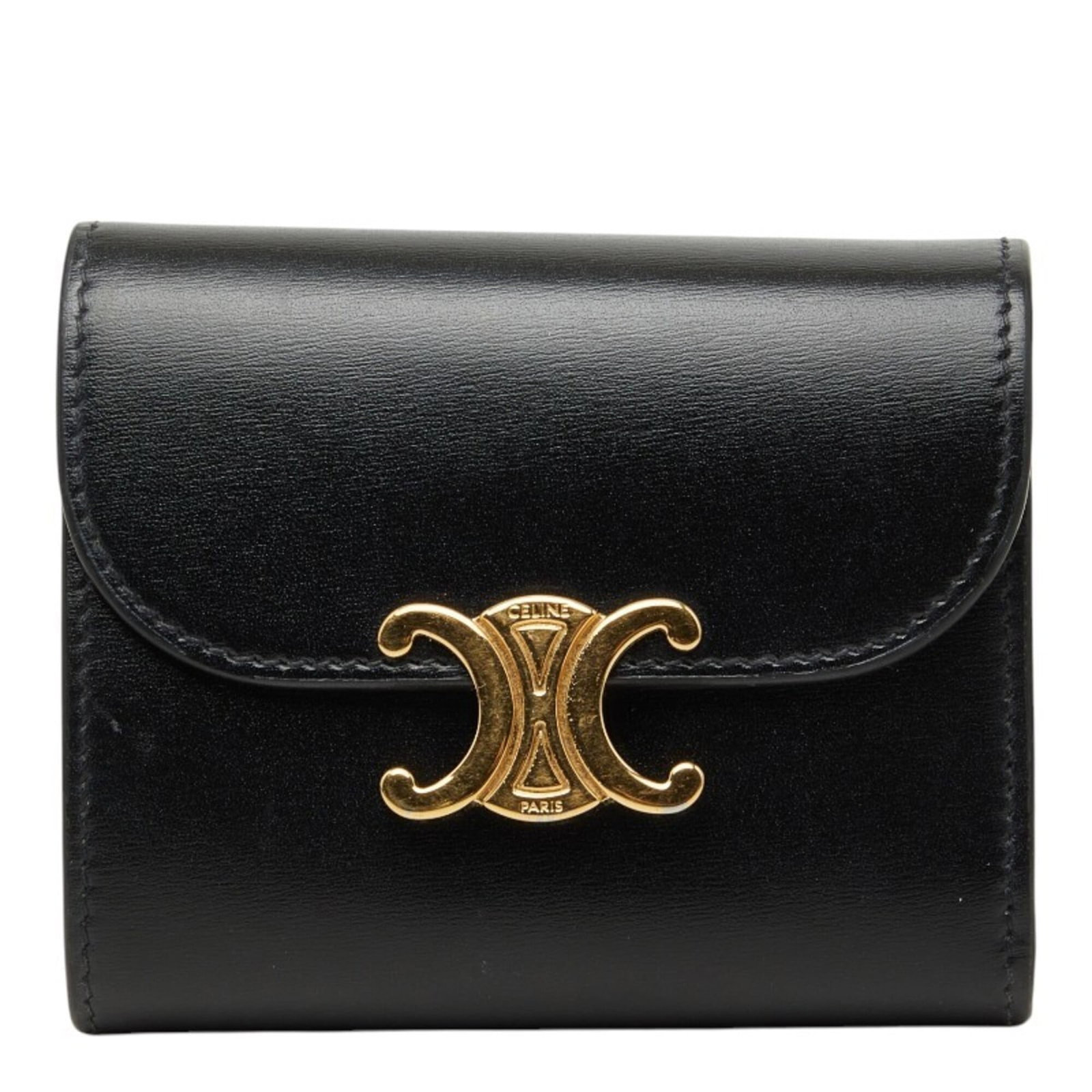 Celine Wallet (Tri-Fold) Leather: Celine Wallet (Tri-Fold) Leather Tri-fold leather wallet from Celine, featuring a sleek black design with precise dimensions. Made from high-quality leather, this wallet measures 8.5cm x 10.5cm x 3cm 