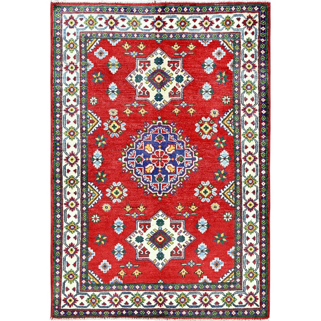 3'3"x4'9" Berry Red Kazak Tribal Medallions Design Hand Knotted Wool Rug: 3'3"x4'9" Berry Red Kazak Tribal Medallions Design Hand Knotted Wool Rug The vibrant Berry Red Kazak Tribal Medallions Design Hand Knotted Wool Rug boasts a stunning geometric pattern, characteristic 