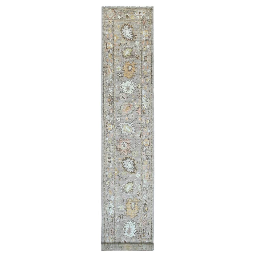2'8"x17' Light Brown Hand Knotted Angora Oushak with Leaf Design Wool Runner: 2'8"x17' Light Brown Hand Knotted Angora Oushak with Leaf Design Wool Runner Light brown wool runner with an intricate leaf design, measuring 2'8" x 17', adds warmth and texture to indoor spaces. Hand